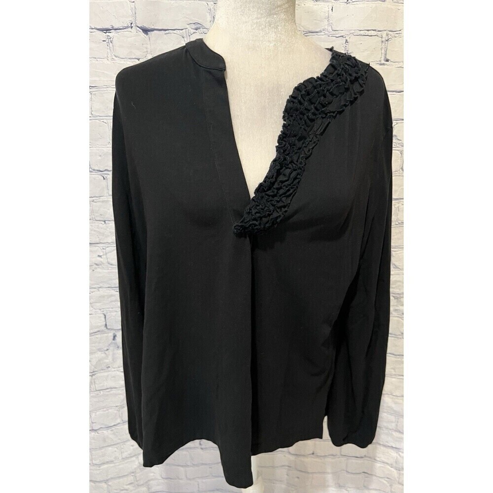 Chico’s Black Long Sleeve V Neck Cotton Blend Ruffle Top Shirt Size 3/XL/16